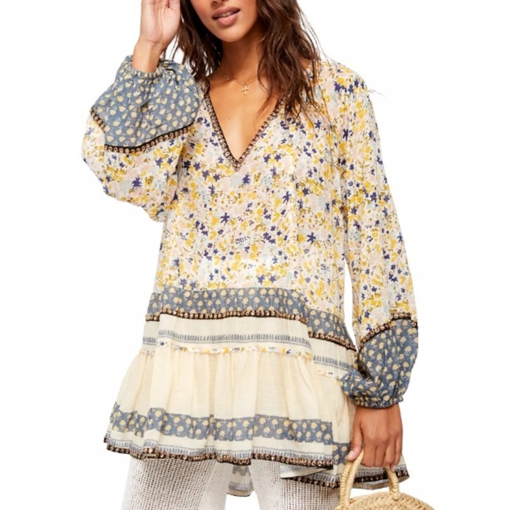 Free People Gardenia Tunic Blouse Top Womens‎ Small Cream Floral Peasant Boho